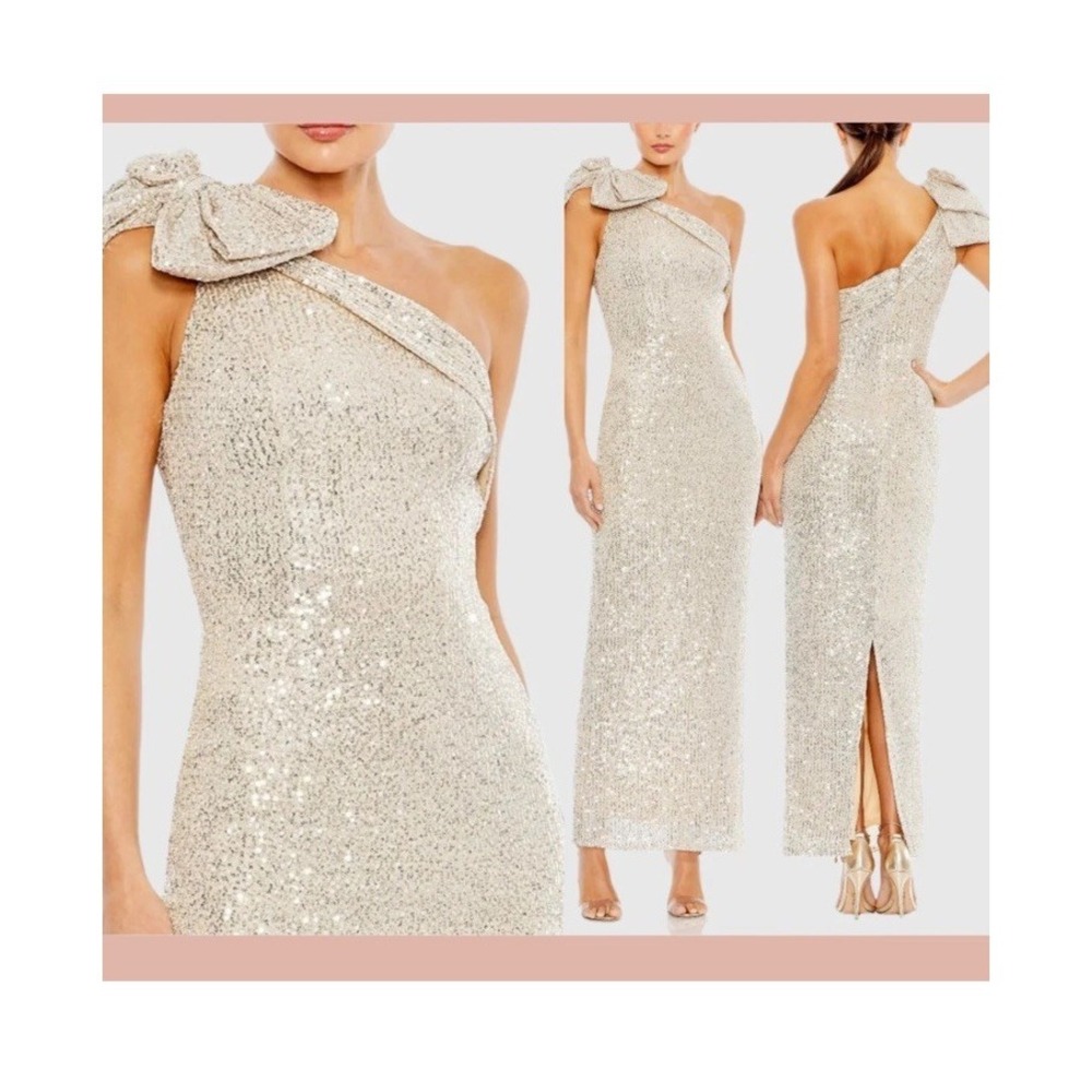 NEW IEENA MAC DUGGAL Sz 0 - 11283 Sequined Bow One Shoulder Column Gown J1233